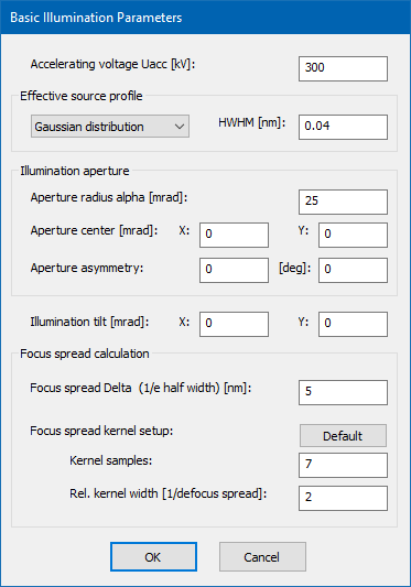 Dr. Probe GUI - basic illumination parameter setup dialog